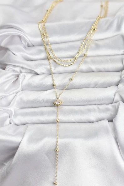 Pirinç Gold Renk Güneş Model Detaylı 3'lü Kombin Y Kadın Kolye - TJ-BKO10692 - Resim 2