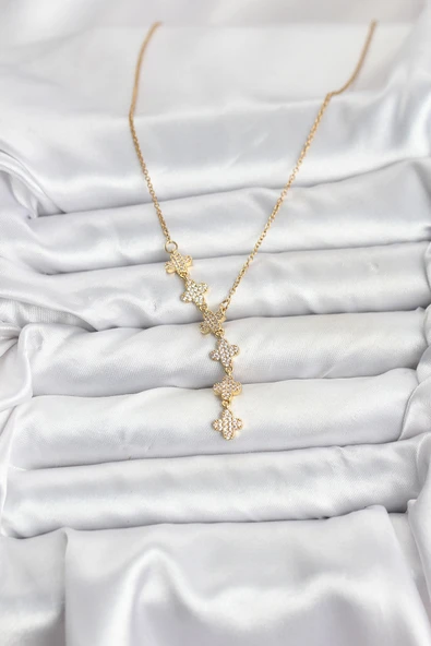 316L Çelik Zincir Gold Renk Yonca Model Kadın Kolye - TJ-BKO10674 - Resim 2