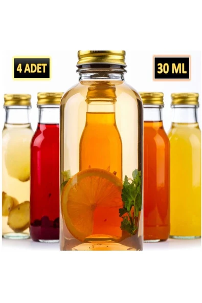 4 ADET - 30 Ml Şeffaf Cam Şişe Gold Kapak Limonata şişesi Kolonya Şişesi, Meyve Suyu Şişesi, 30 ML ürün görseli