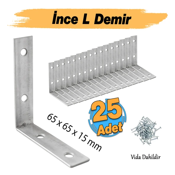 (25 ADET) Metal Köşebent 65x65x15 mm İnce L Demiri Gönye Mobilya Duvar Sabitleme Bağlantı Aparatı - Resim 2