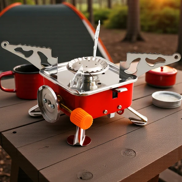 Taşınabilir Mini Portatif Kamp Ocağı Tek Gözlü Kırmızı Renk Kartuşlu Manyeto Çakmaklı Piknik Ocak - Resim 4