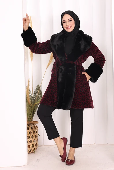 Leopar Kürklü Kaban 70062-1 Bordo ürün görseli 1