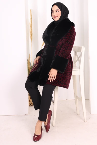 Leopar Kürklü Kaban 70062-1 Bordo - Resim 7