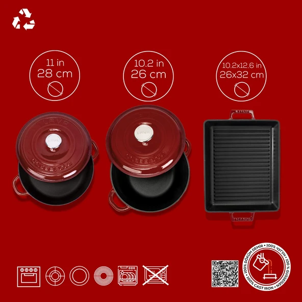 LAVA Bordo 5'li Döküm Tencere & Izgara Tava Seti – Zarafet ve Gücü Birleştiren Tasarım - Resim 4