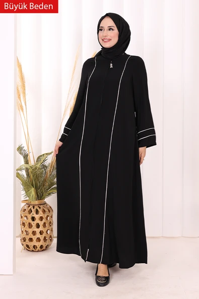 6011-1 Çizgili Fermuarlı Ferace Siyah ürün görseli