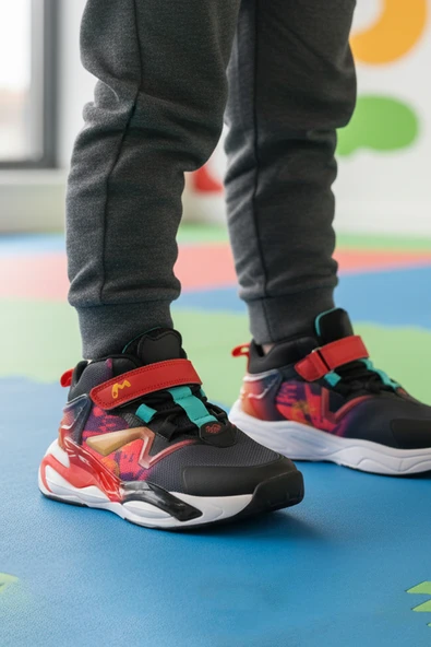 Marcokids Siyah Kırmızı Cırtlı Hafif Esnek Erkek Çocuk Spor Ayakkabı 161-T5411102 F - Resim 3