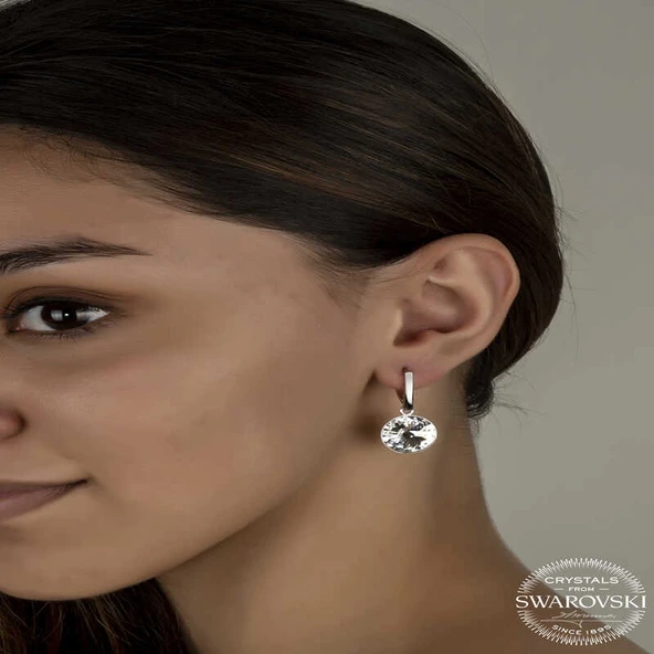Swarovski Crystal Taşlı Gümüş Beyaz Sallantılı Kadın Küpe - Resim 2