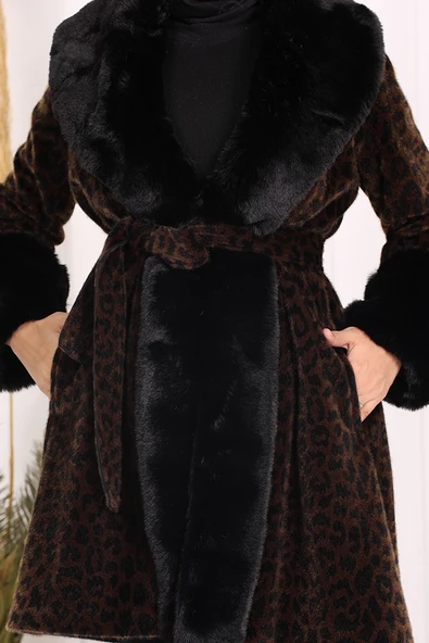 Leopar Kürklü Kaban 70062-1 Kahverengi - Resim 6