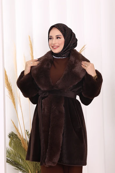 Kürklü Kaban 70062 Kahverengi - Resim 6