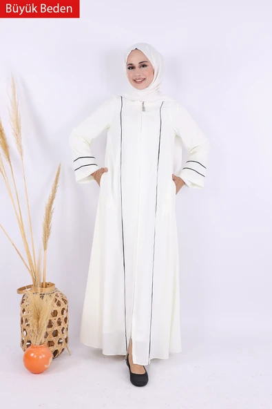 6011-1 Çizgili Fermuarlı Ferace Ekru - Resim 2