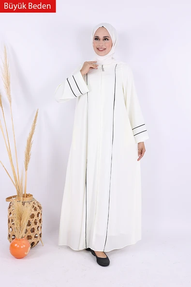 6011-1 Çizgili Fermuarlı Ferace Ekru - Resim 3