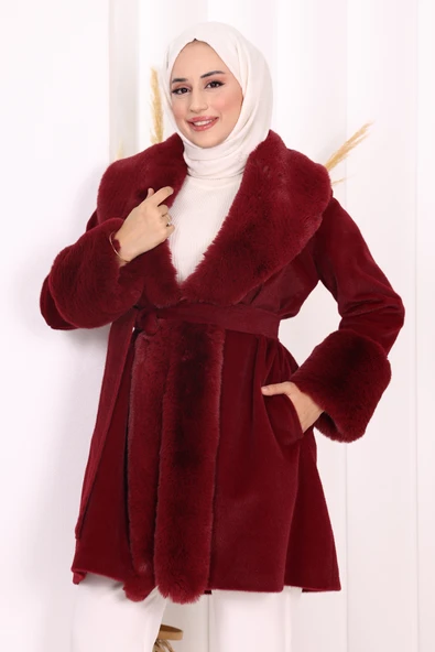 Kürklü Kaban 70062 Bordo - Resim 5