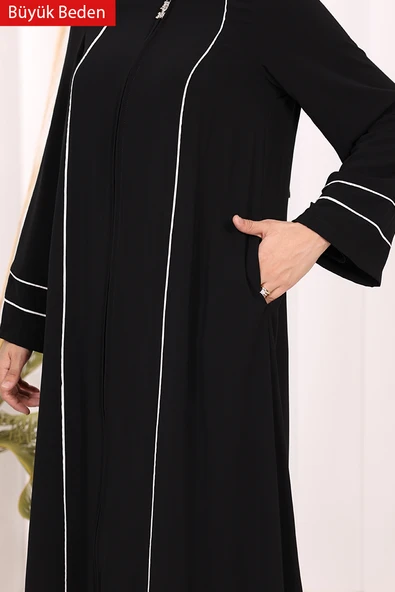 6011-1 Çizgili Fermuarlı Ferace Siyah - Resim 7