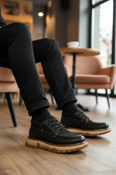 Guja Siyah Nubuk Hakiki Deri Yüksek Taban Erkek Casual Ayakkabı 25K550 M - Resim 3