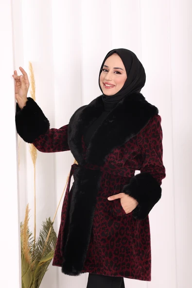 Leopar Kürklü Kaban 70062-1 Bordo - Resim 5