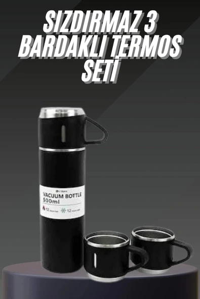 LitaeTrend Termos Seti Paslanmaz Çelik 3 Bardaklı Vakumlu Termos Set 500 Ml 12 Saate Kadar Isı Koruma ürün görseli 1