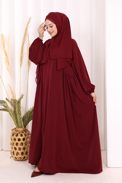 Oval Büzgülü Kol Manşetleri Lastikli Fermuarlı Tam Boy Ferace 6005 Bordo - Resim 4