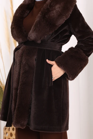 Kürklü Kaban 70062 Kahverengi - Resim 7