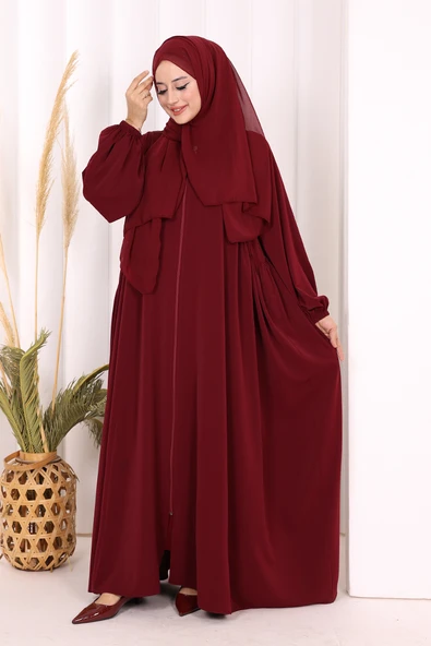 Oval Büzgülü Kol Manşetleri Lastikli Fermuarlı Tam Boy Ferace 6005 Bordo - Resim 2