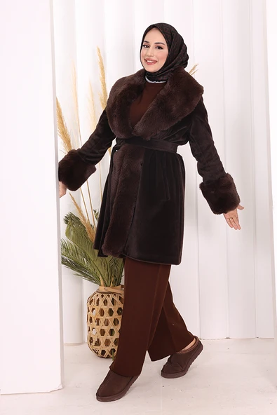 Kürklü Kaban 70062 Kahverengi - Resim 3