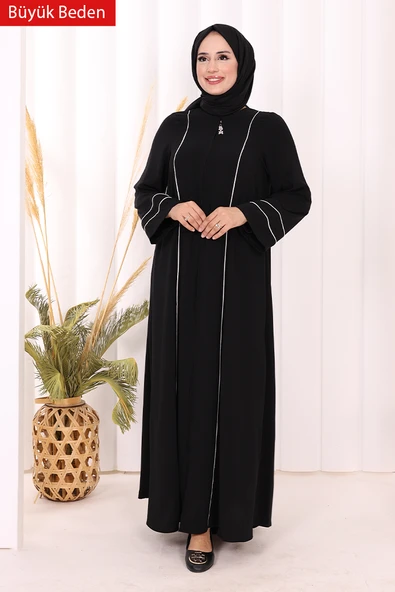 6011-1 Çizgili Fermuarlı Ferace Siyah - Resim 3