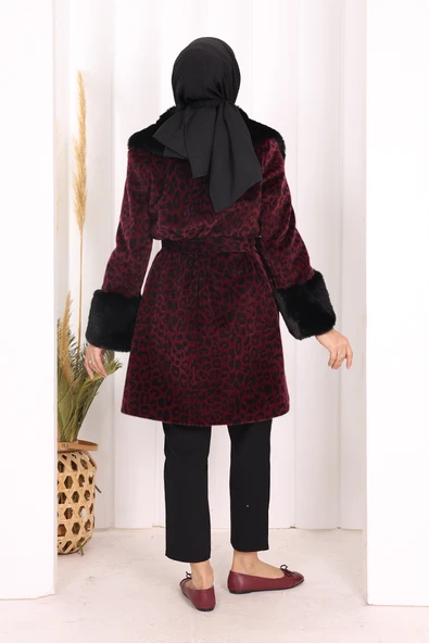 Leopar Kürklü Kaban 70062-1 Bordo - Resim 4