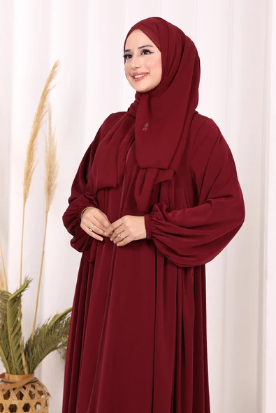 Oval Büzgülü Kol Manşetleri Lastikli Fermuarlı Tam Boy Ferace 6005 Bordo - Resim 6