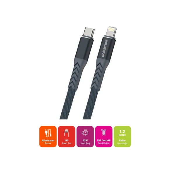 Polosmart PSM118 Type-C to Lightning 20W Hızlı Şarj ve Data Kablosu 1.2 Metre Gri - Resim 2