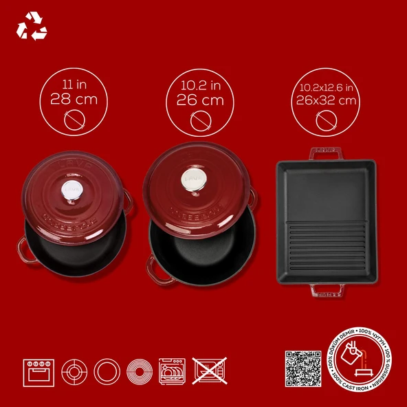 LAVA Döküm Bordo 5 Parça Tencere & Tava Seti – Şef Kalitesinde Lezzet ve Şıklık - Resim 4