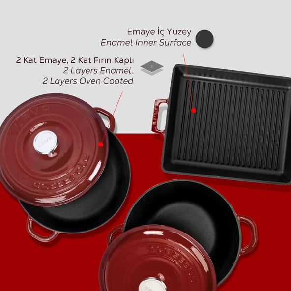 LAVA Bordo 5'li Döküm Tencere & Izgara Tava Seti – Zarafet ve Gücü Birleştiren Tasarım - Resim 6