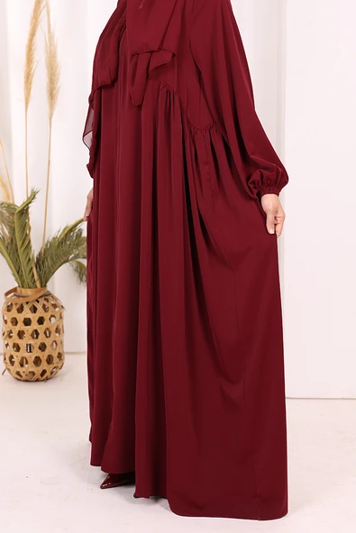 Oval Büzgülü Kol Manşetleri Lastikli Fermuarlı Tam Boy Ferace 6005 Bordo - Resim 7