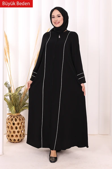 6011-1 Çizgili Fermuarlı Ferace Siyah - Resim 2