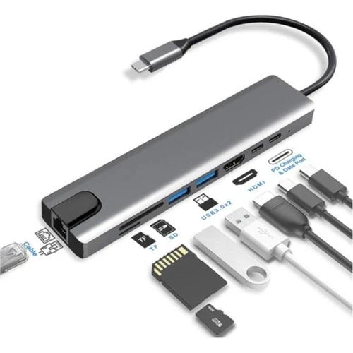 8 In 1 Ethernet Sd USB Type C Hub Hdmı Girişli Macbook Çevirici - Resim 2