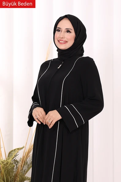 6011-1 Çizgili Fermuarlı Ferace Siyah - Resim 6