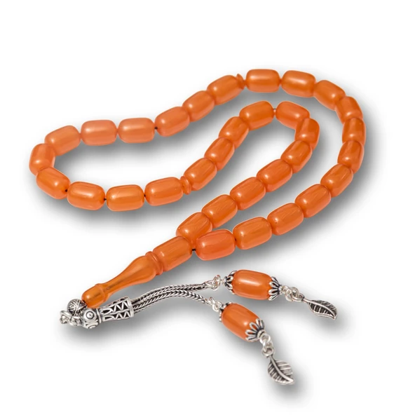 Gümüş Püsküllü Turuncu Kapsül Kesim Sıkma Kehribar Tesbih ürün görseli 1