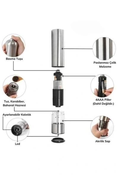 LitaeTrend Otomatik Tuz ve Karabiber Öğütücü Baharat Öğütücü Tuz Karabiber Değirmeni - Resim 2