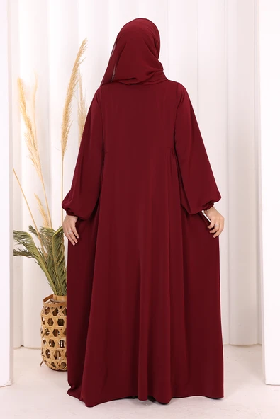 Oval Büzgülü Kol Manşetleri Lastikli Fermuarlı Tam Boy Ferace 6005 Bordo - Resim 5