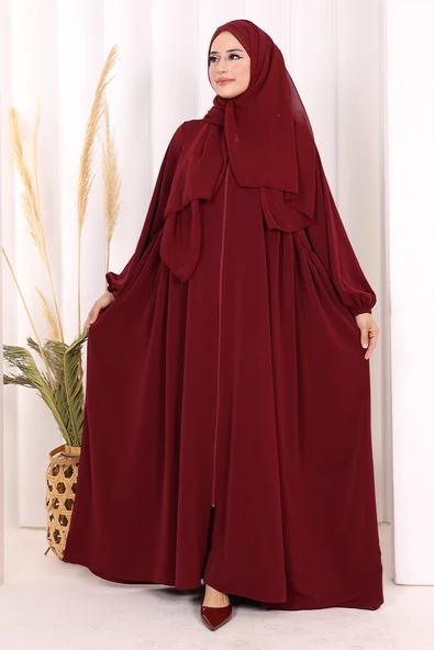 Oval Büzgülü Kol Manşetleri Lastikli Fermuarlı Tam Boy Ferace 6005 Bordo ürün görseli