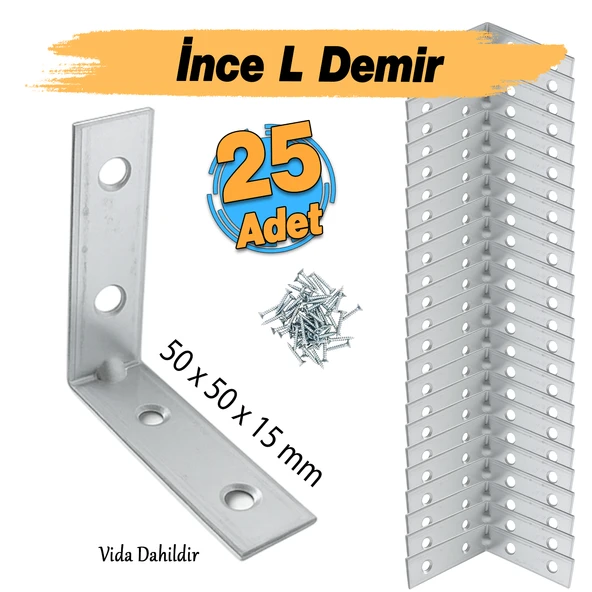 (25 ADET) Metal Köşebent 50x50x15 mm İnce L Demiri Gönye Mobilya Duvar Sabitleme Bağlantı Aparatı - Resim 2