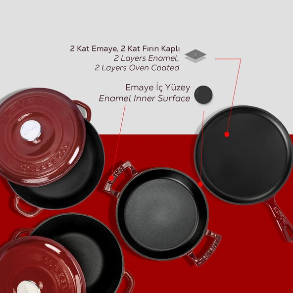 LAVA Döküm Bordo 6 Parça Tencere & Tava & Sahan Seti – Profesyonel Lezzet Evinde! - Resim 6