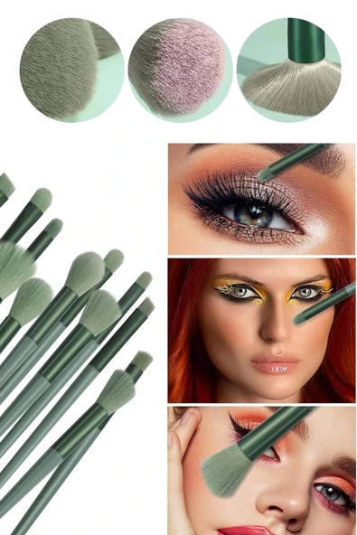 LitaeTrend Makyaj Fırça Seti Yeşil 13 Parça Fondöten Fırçası Allık Fırçası Far Fırçası - Resim 2