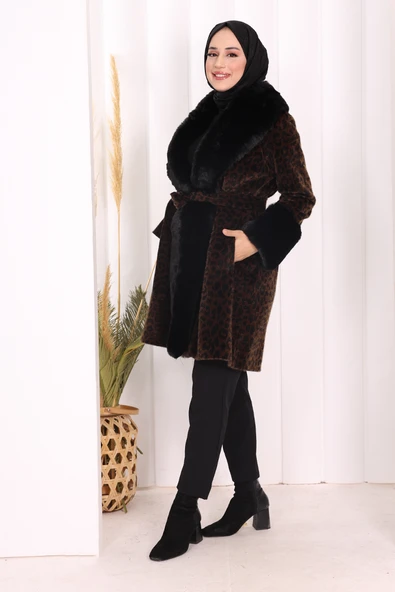 Leopar Kürklü Kaban 70062-1 Kahverengi - Resim 3