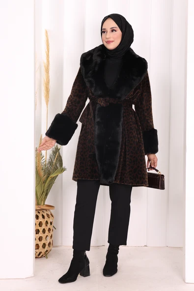 Leopar Kürklü Kaban 70062-1 Kahverengi ürün görseli 1