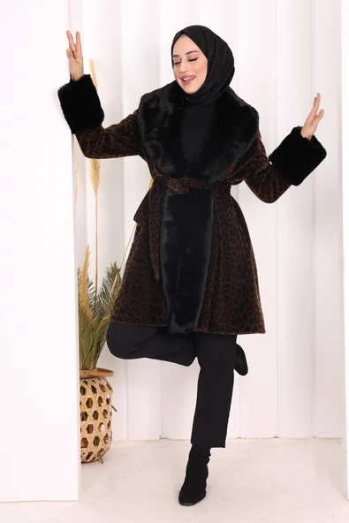 Leopar Kürklü Kaban 70062-1 Kahverengi - Resim 2