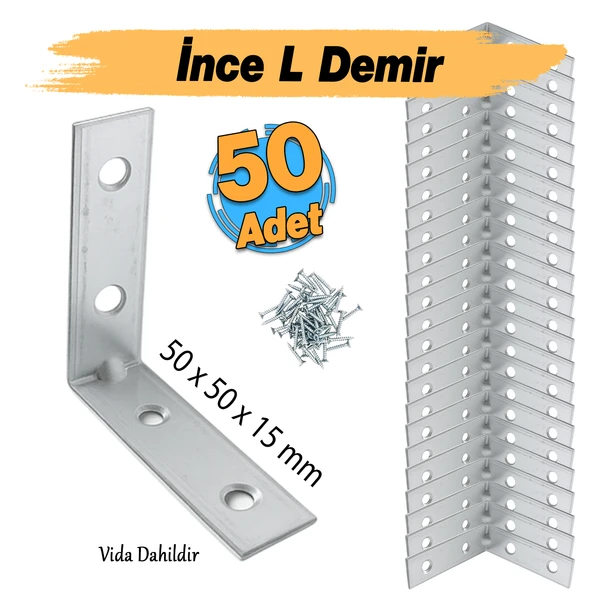 (50 ADET) Metal Köşebent 50x50x15 mm İnce L Demiri Gönye Mobilya Duvar Sabitleme Bağlantı Aparatı - Resim 7