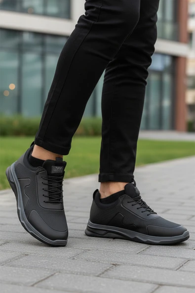 Walkway Siyah Lastik Bağcıklı Hafif Esnek Erkek Spor Ayakkabı Kaif 2323 M - Resim 3
