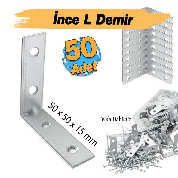 (50 ADET) Metal Köşebent 50x50x15 mm İnce L Demiri Gönye Mobilya Duvar Sabitleme Bağlantı Aparatı - Resim 2