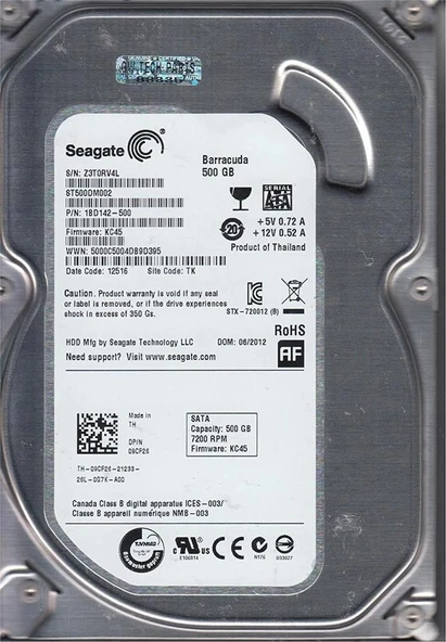Seagate 500GB ST500DM002 BarraCuda SATA 3.0 7200 RPM 3.5" Harddisk (İthalat) ürün görseli