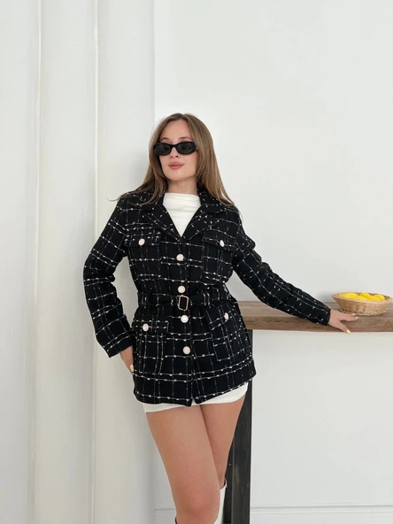 Çok düğmeli kemerli yüksek kaliteli astarlı ceket siyah os255859 - Resim 2