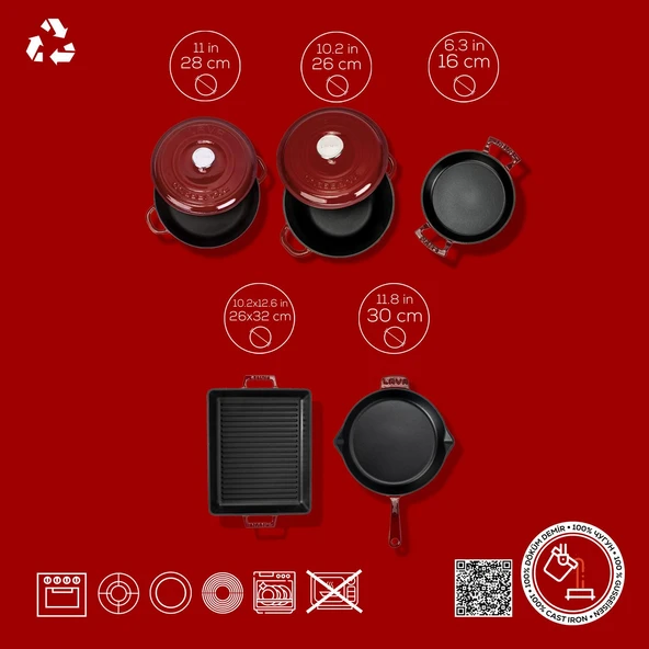LAVA Döküm Bordo Serisi Set – Tencere, Tava, Sahan ve Izgara Bir Arada - Resim 4